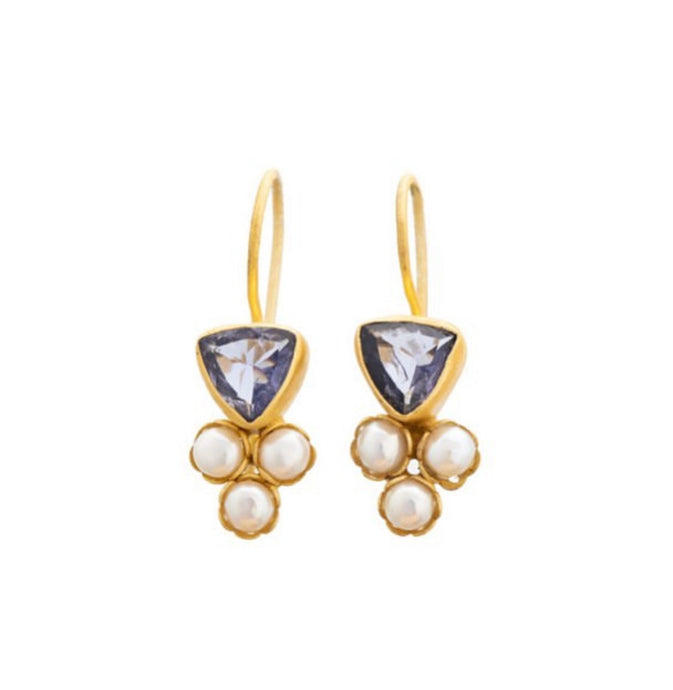 Lolite and Pearl 22k gold plated hook earrings