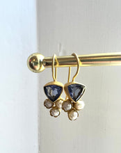 Load image into Gallery viewer, Lolite and Pearl 22k gold plated hook earrings