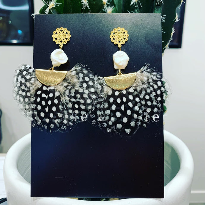 FRENCHIE & MINT | Baroque pearl and Guinea Fowl earrings